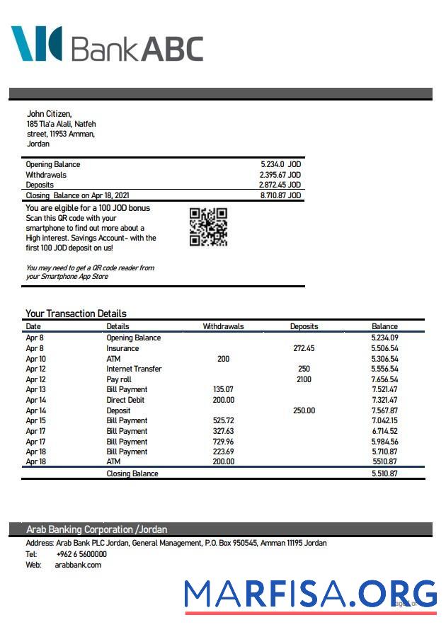 Realistic Jordan ABC bank statement word template